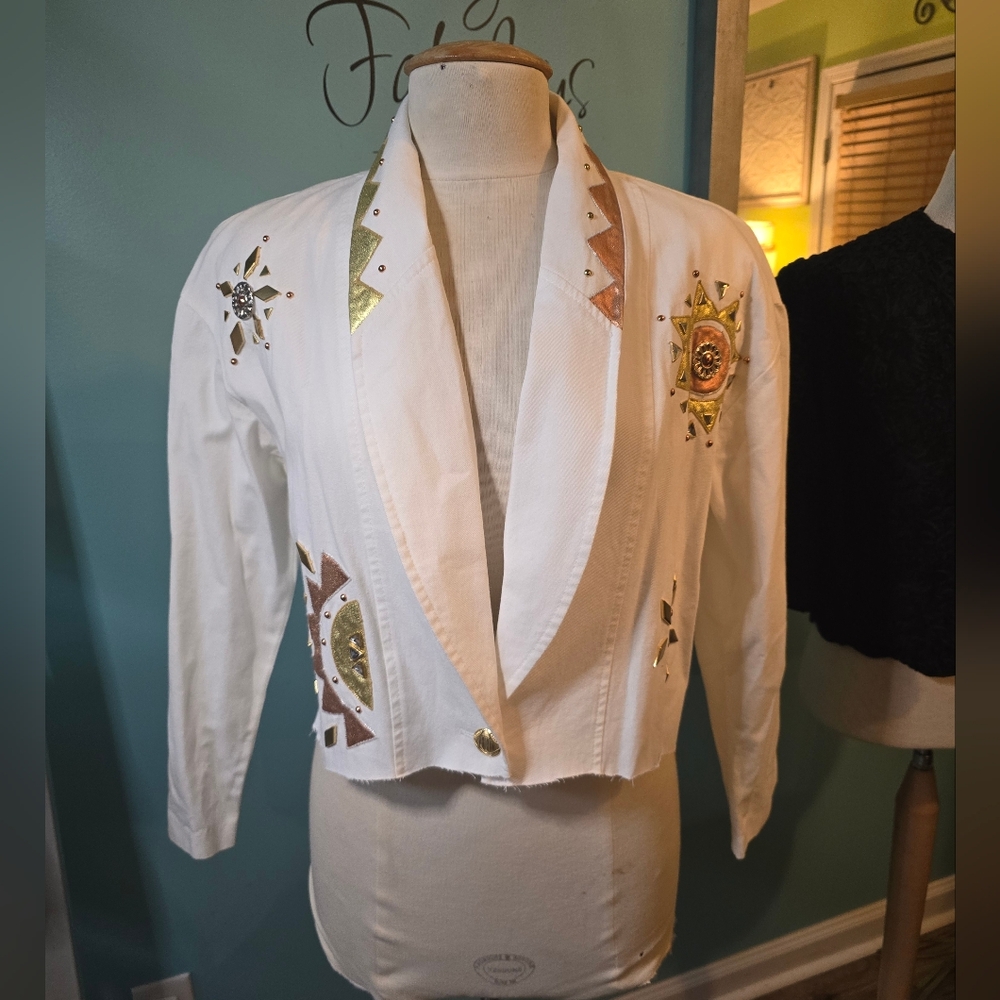 White Embellished Nancy Bolen Upcycled Denim Jacket